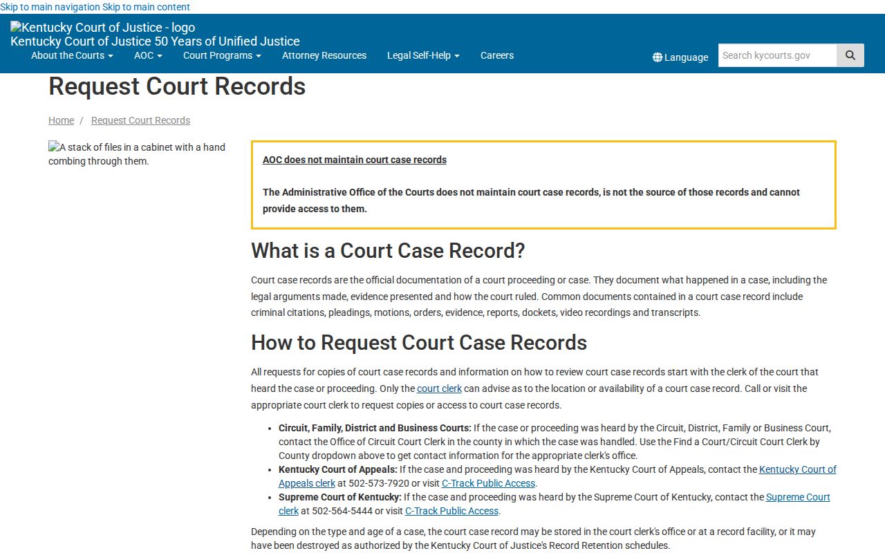 Kentucky Court of Justice court-record request page