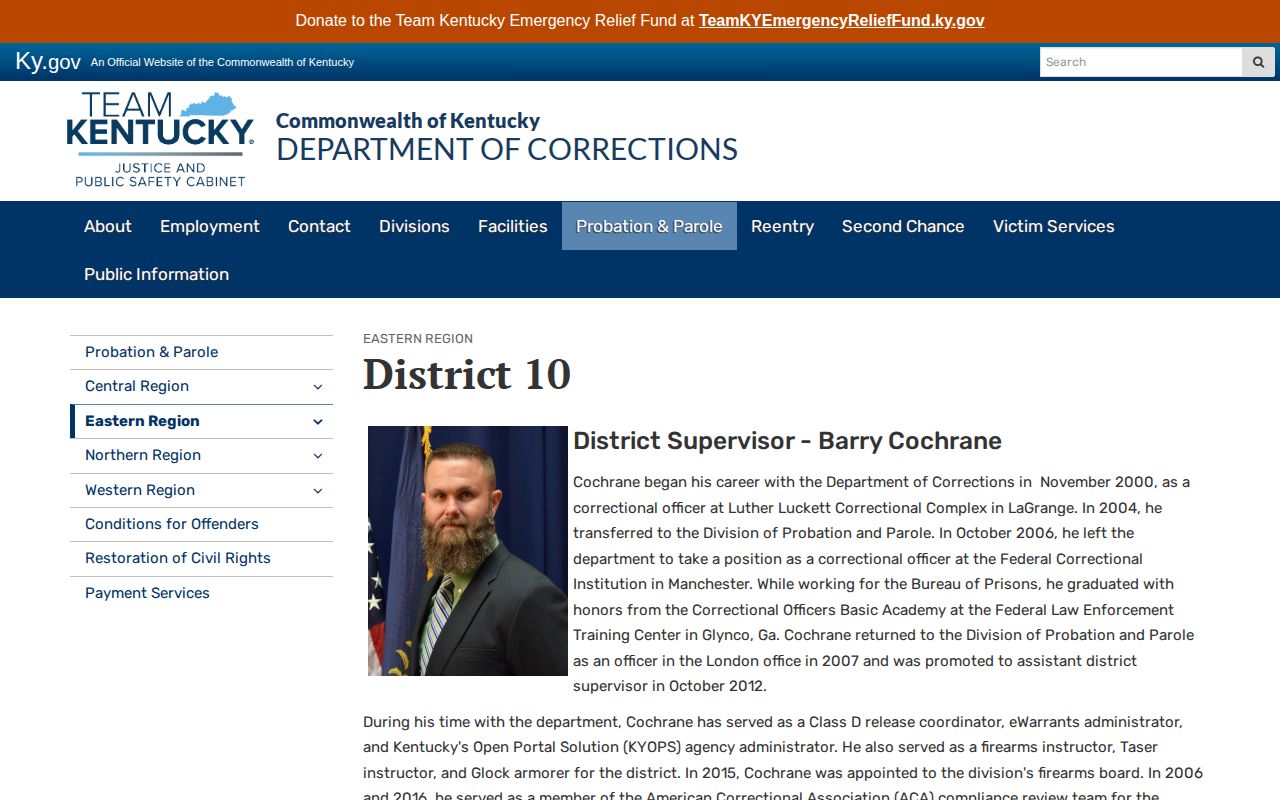 Kentucky DOC District 10 probation and parole office page for Knox County