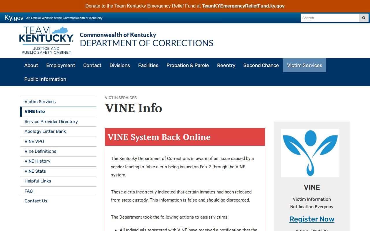 Kentucky Department of Corrections VINE information page